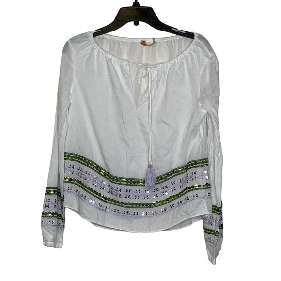 Tory Burch Blouse Size 2 White With Green Pink Sequin 100% Cotton LS Tasseled‎ - Picture 1 of 6